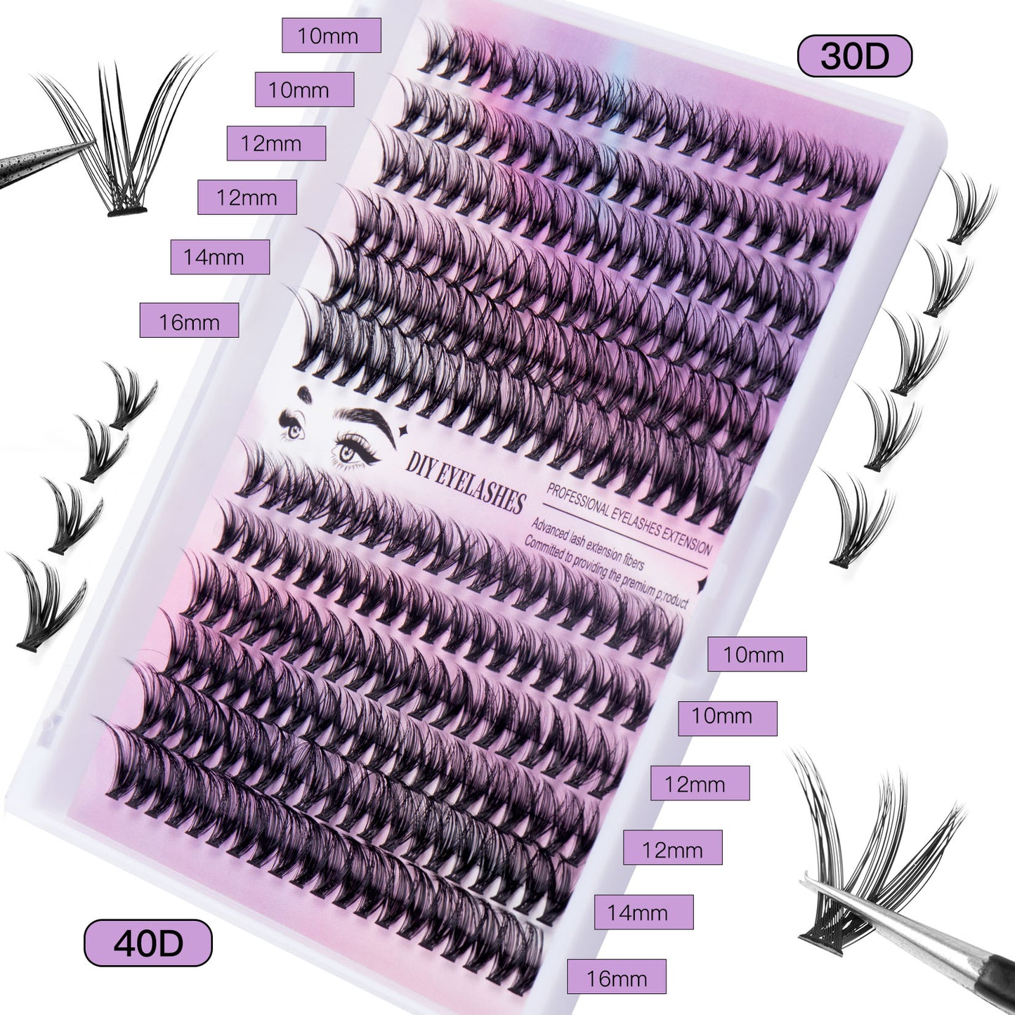 12 row of eyelashes 30D and 40D Clusters Of 240 Segmented lashes