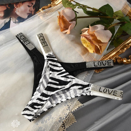 Low Waist Sexy Women Thongs Rhinestones Letter Diamonds G-string Sports Thong T-back Fitness S-XL