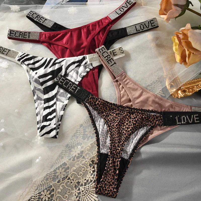 Low Waist Sexy Women Thongs Rhinestones Letter Diamonds G-string Sports Thong T-back Fitness S-XL