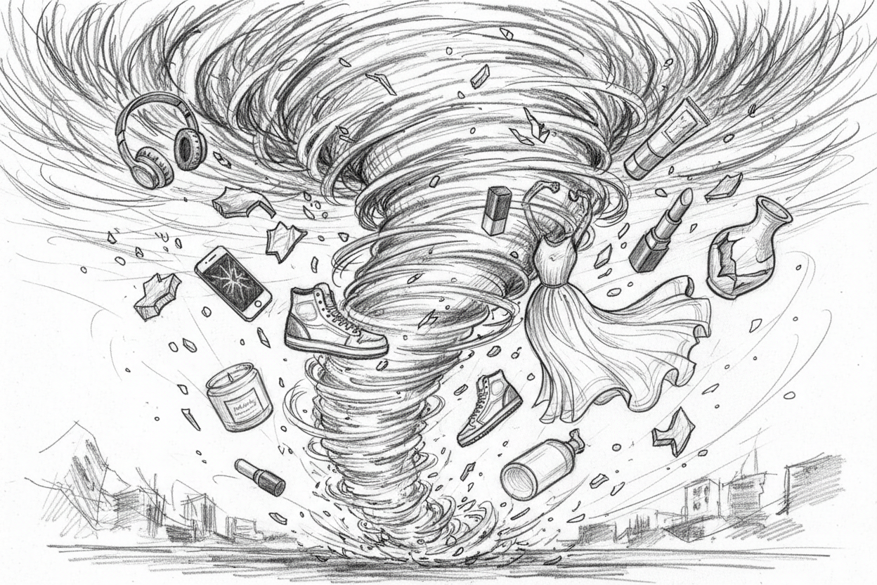 a sketch of a tornado with multiple different store products within the tornado  