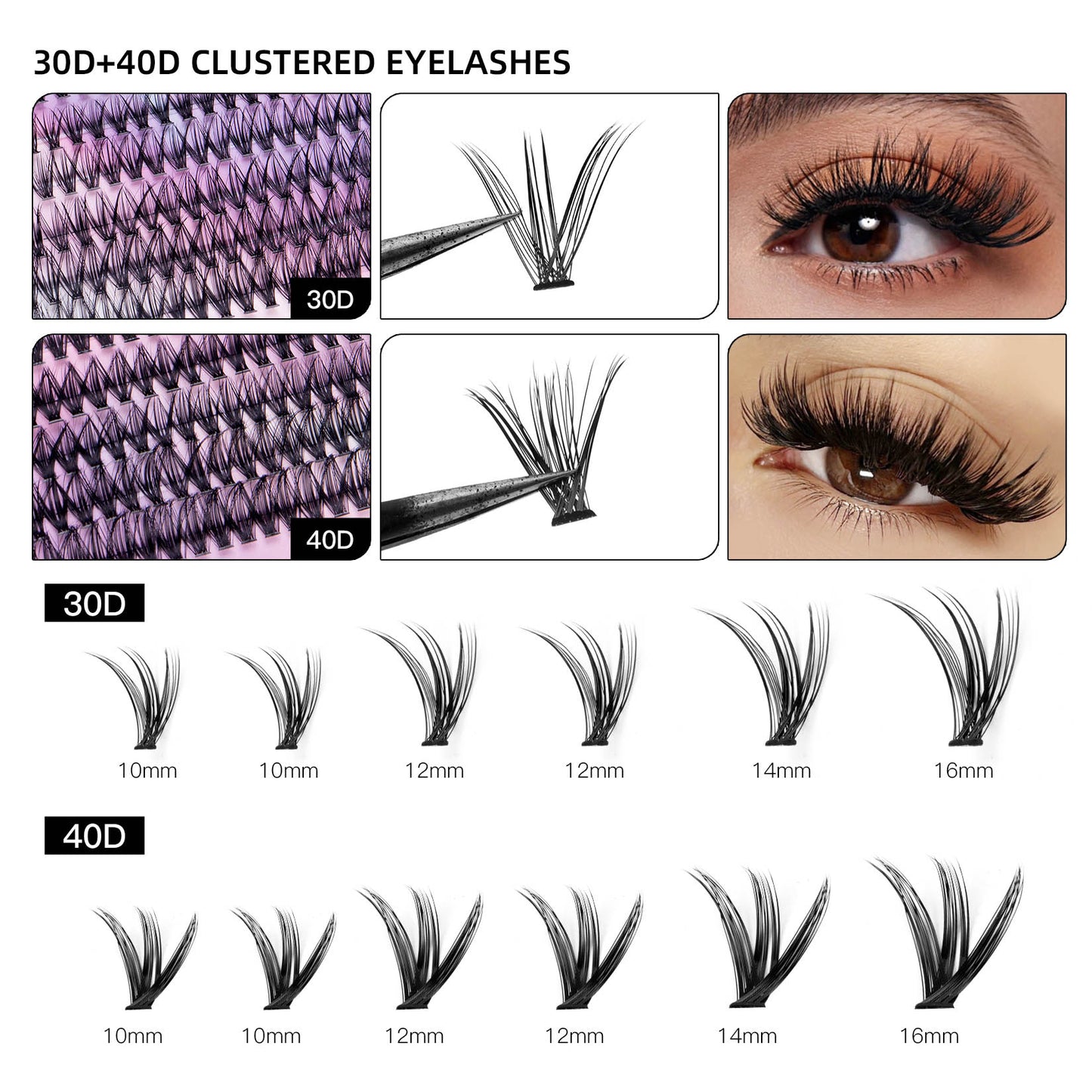 12 row of eyelashes 30D and 40D Clusters Of 240 Segmented lashes